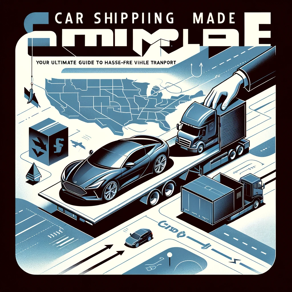 A modern car being loaded onto a shipping truck against a stylized map background with the text "Car Shipping Made Simple: Your Ultimate Guide to Hassle-Free Vehicle Transport" prominently displayed