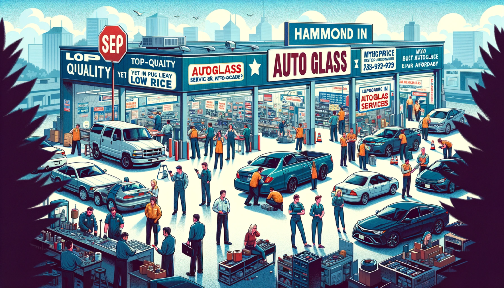 A bustling autoglass service center in Hammond, Indiana, showcasing skilled technicians working on various vehicles, with signs promoting high-quality, affordable services.