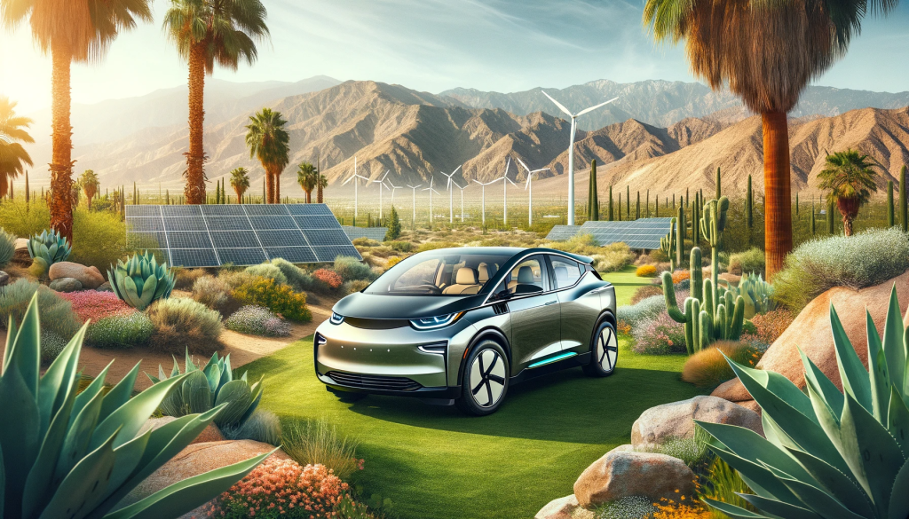 A modern, medium-sized sedan parked on a palm tree-lined street in Palm Springs, with mountains and local architecture in the background.