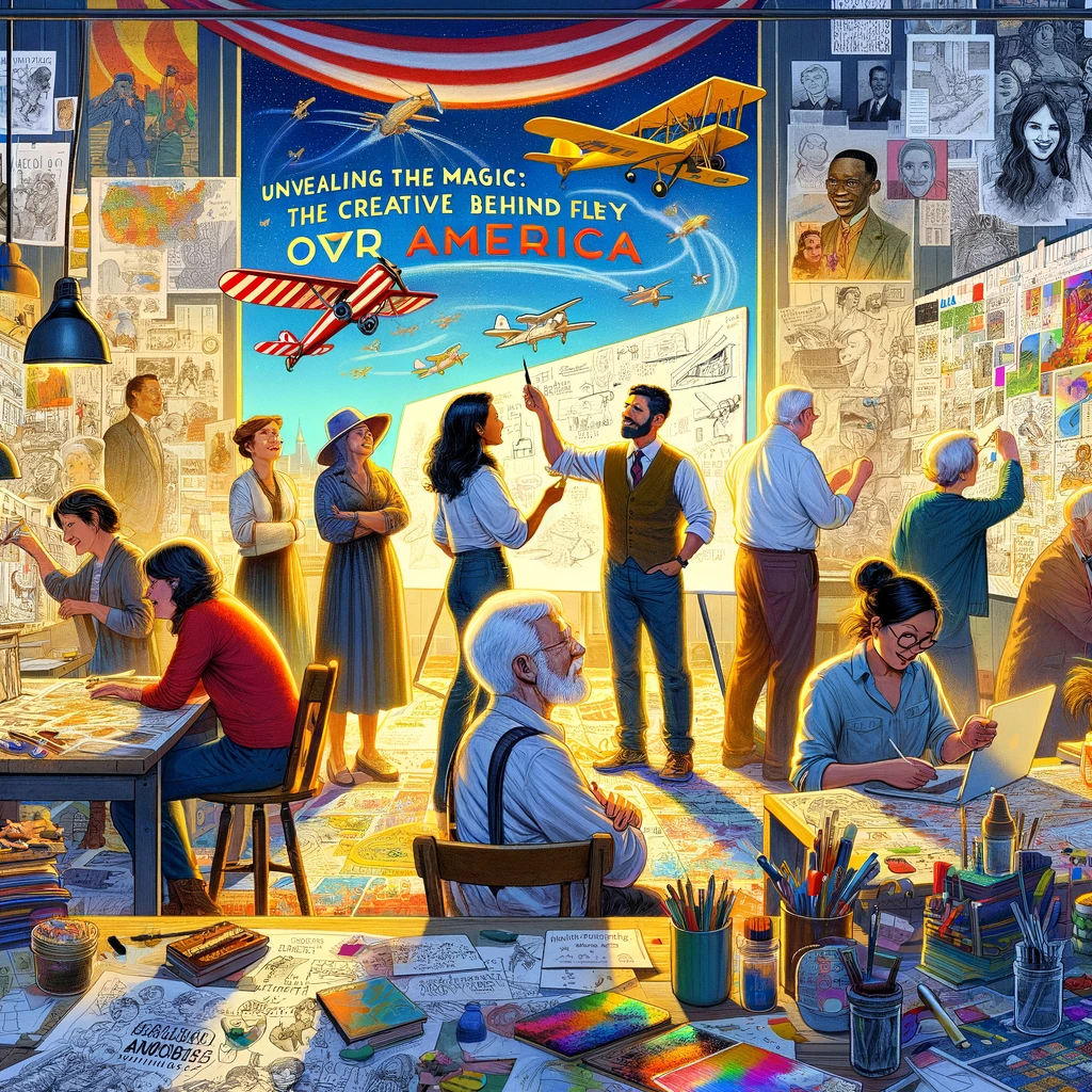 A diverse group of authors and illustrators, including a young Hispanic woman, an elderly Asian man, and a middle-aged White man, are seen actively collaborating in a studio filled with sketches and notes about American landmarks. The atmosphere is vibrant and creative, emphasizing teamwork and idea-sharing.