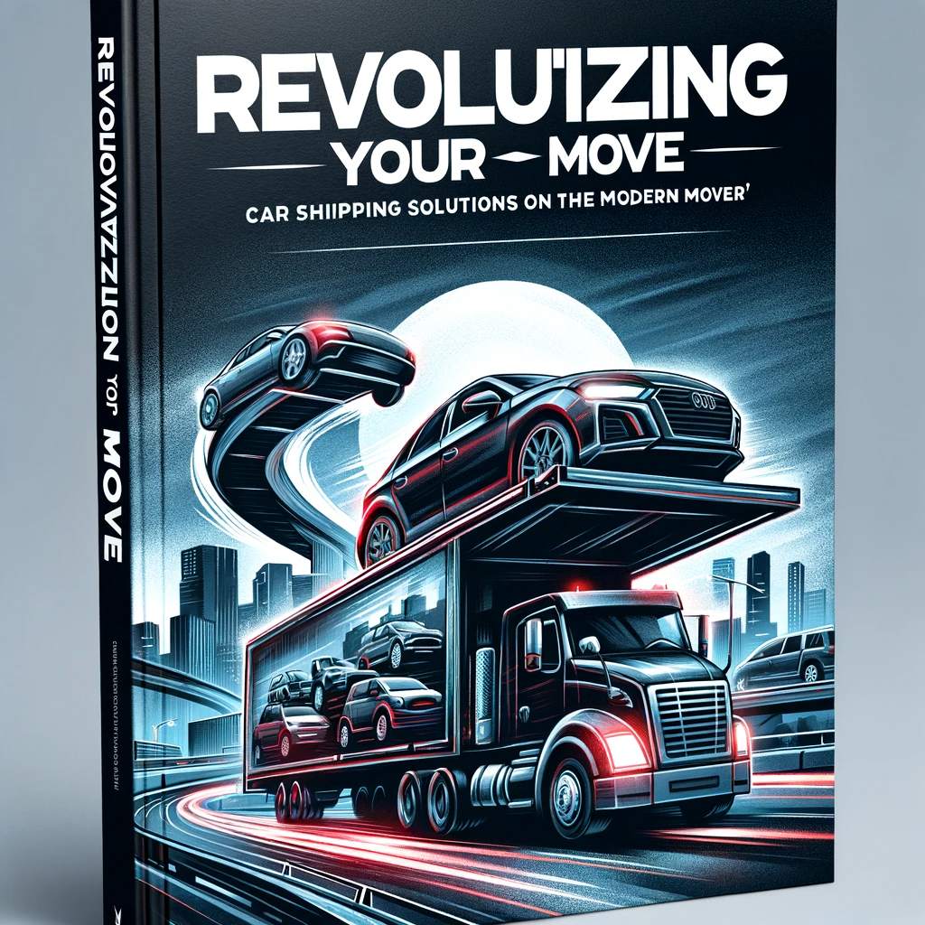 Book cover with a car being loaded onto a transport truck, set against a city and highway backdrop, titled 'Revolutionizing Your Move: Car Shipping Solutions for the Modern Mover'.