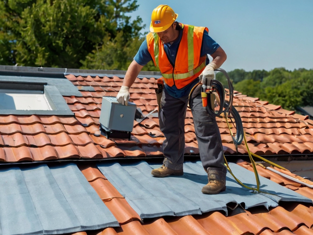 Roofer working with full safety.